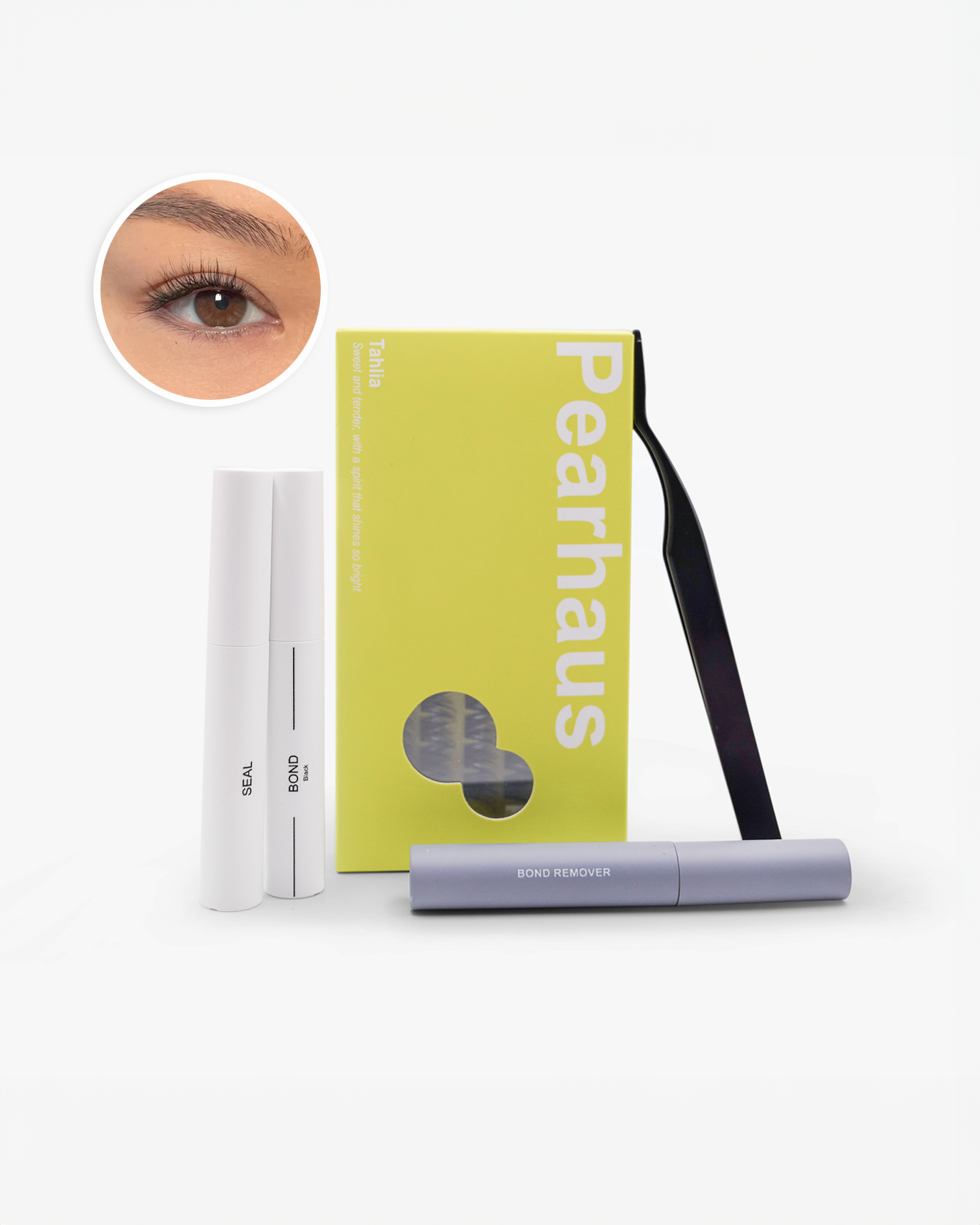 Pearnaus eyelash extension kit with a lime green box, two white application tubes, a lavender removal tube, and a black carrying strap, shown on a white background with a circular inset of an eye.