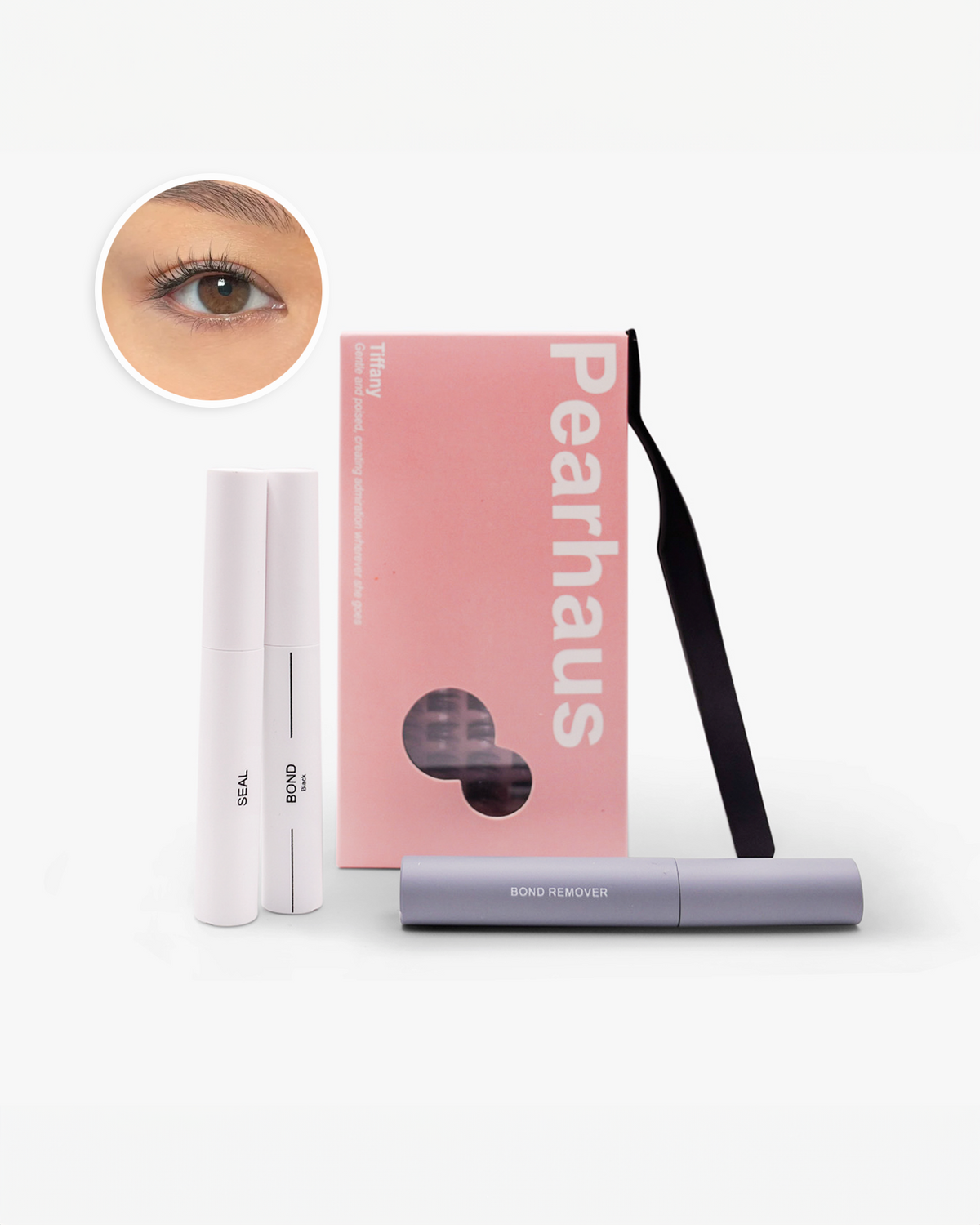 Pearhaus Bond Remover kit with a pink box, two white tubes labeled SEAL and BOND, and a gray bond remover tool, shown on a white background with a circular inset of an eye.